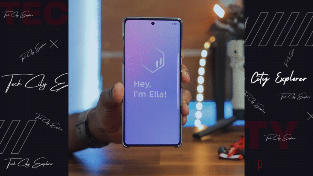 A person holding the Tecno Camon 40 Pro 4G smartphone, displaying the AI assistant named Ella on the screen.