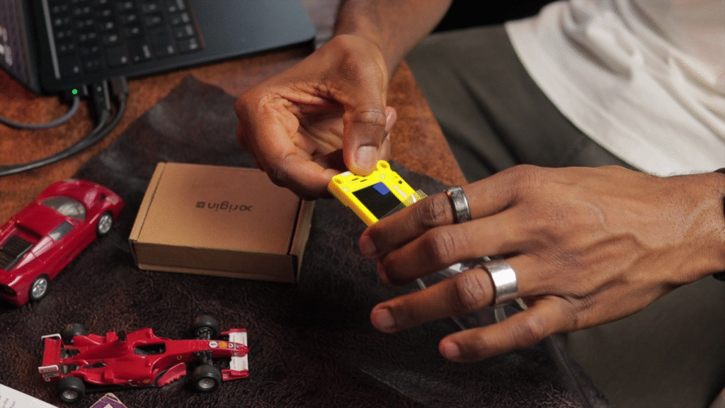 AI PI Lite device in action showing conversational AI interface on 128x128 pixel screen