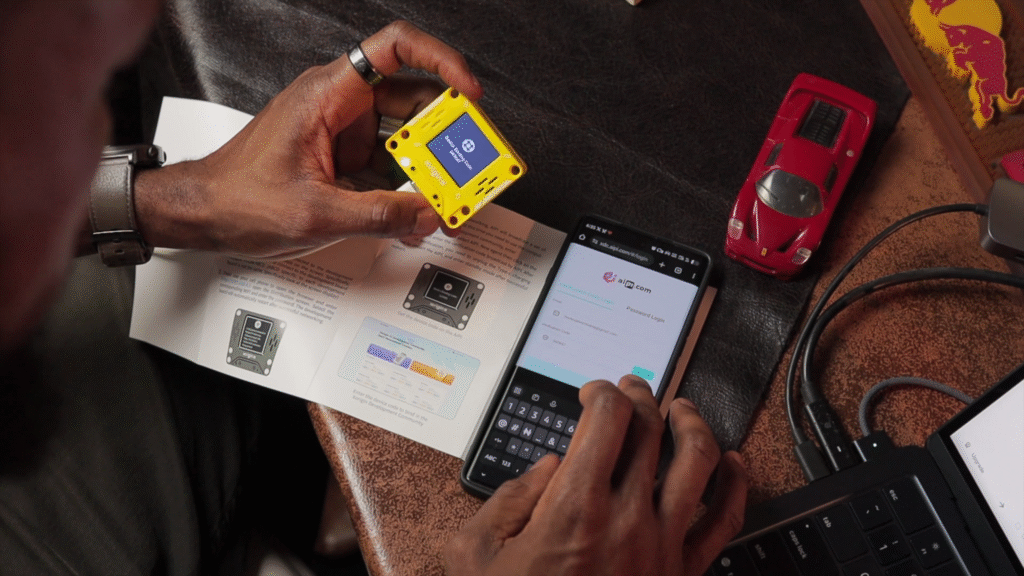 AI PI Lite device in action showing conversational AI interface on 128x128 pixel screen