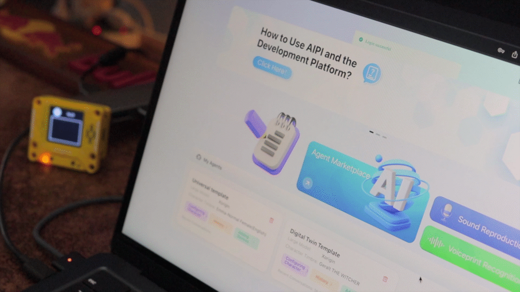 Tech reviewer demonstrating X-Origin AI PI Lite features including voice interaction and display