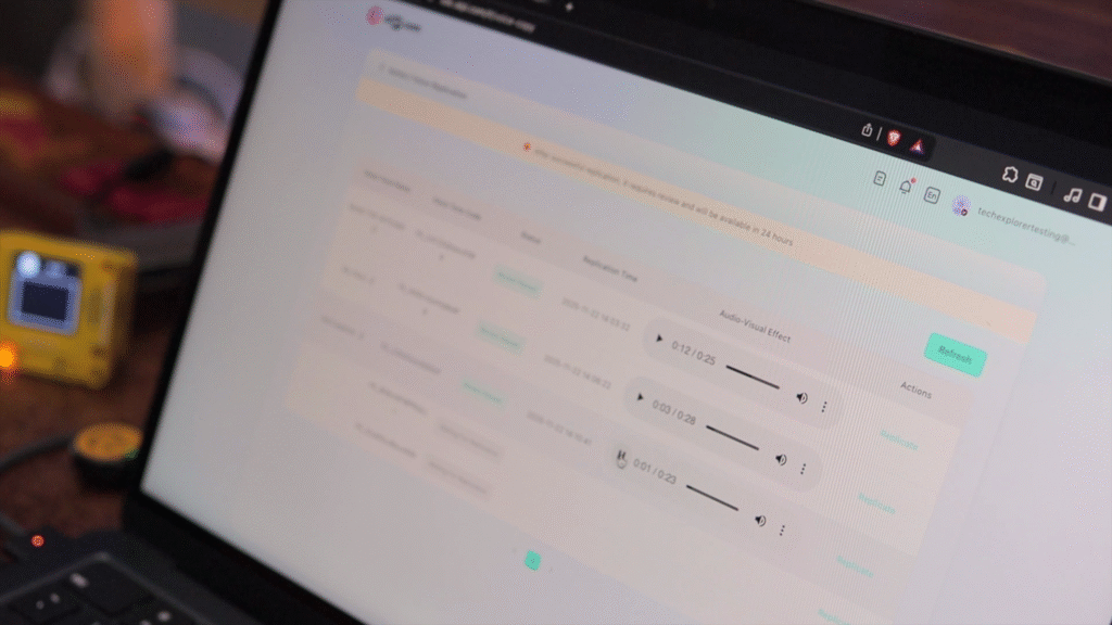 Tech reviewer demonstrating X-Origin AI PI Lite features including voice interaction and display