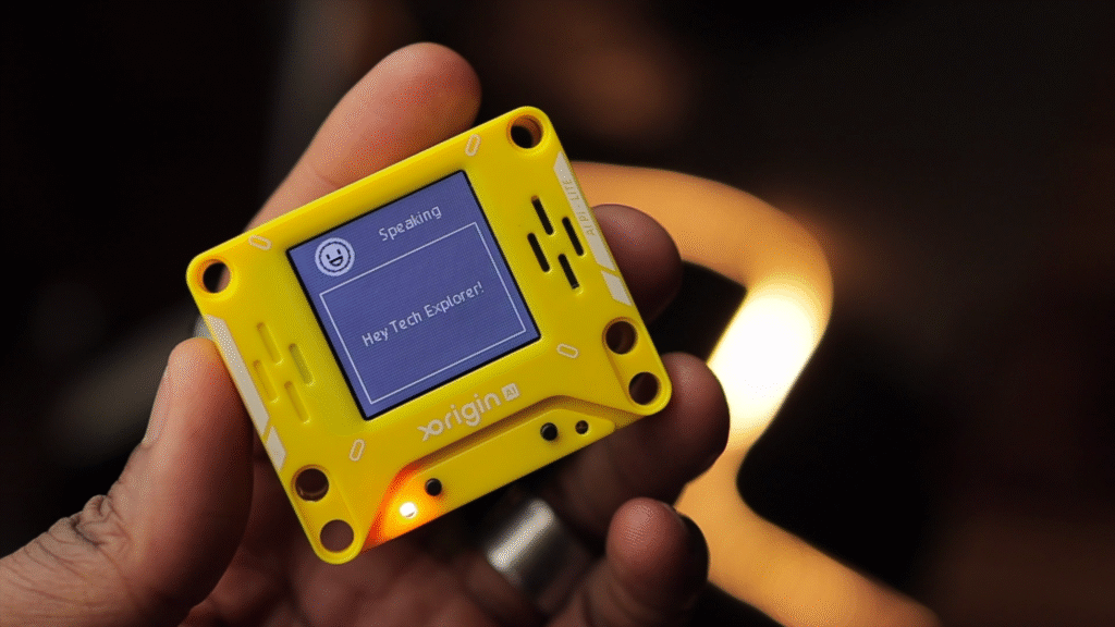 Close-up of AI PI Lite ESP32-based device with voice cloning and multi-model AI capabilities