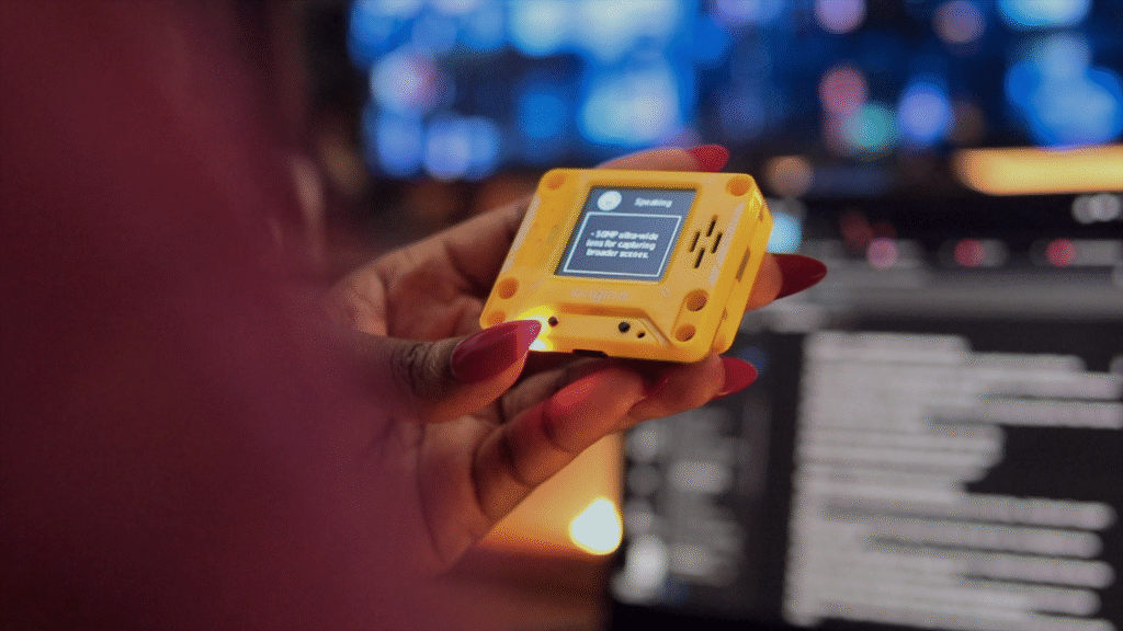 AI PI Lite device in action showing conversational AI interface on 128x128 pixel screen